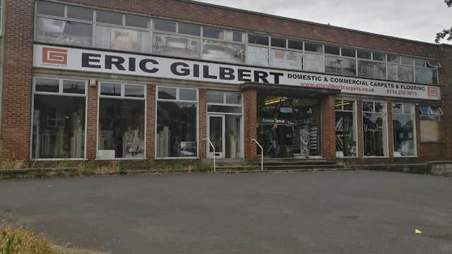Large storefront with "ERIC GILBERT DOMESTIC & COMMERCIAL CARPETS & FLOORING" sign, showcasing homeware in Sheffield.