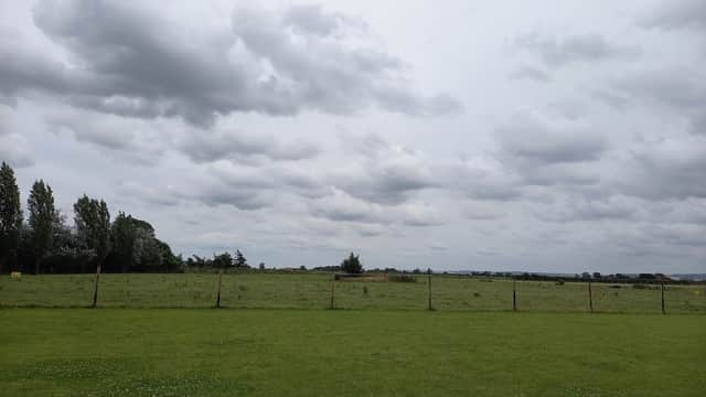 Expansive green field under a cloudy sky, with a distant fence and trees lining the horizon.