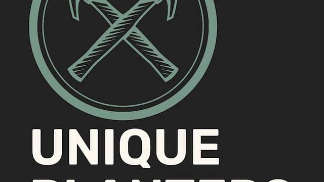 Logo featuring crossed hammers with the text "Unique Planters and Log Stores" below in a modern font.