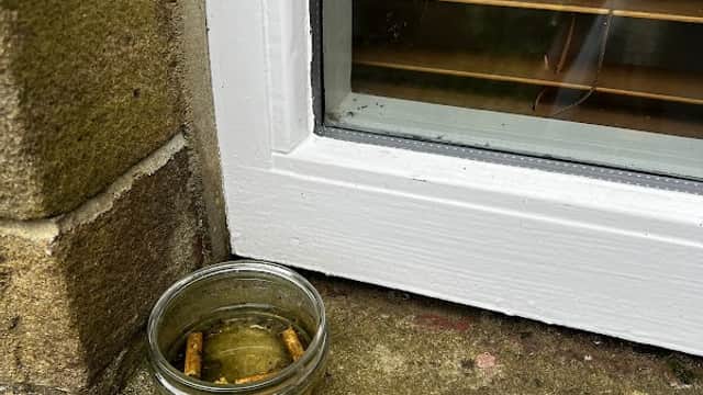 A small glass jar with wooden sticks sits on a stone ledge beside a window with wooden blinds.