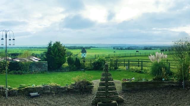 Panoramic view from Betton Farm showing green fields, benches, and a cloudy sky in East Ayton, Yorkshire.