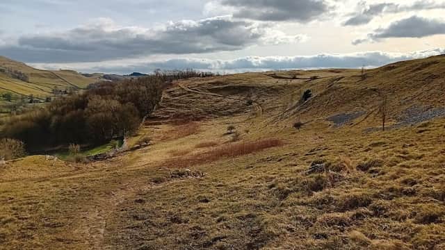 Rolling hills with sparse trees, grassy slopes, and a cloudy sky in Giggleswick Scar, North Yorkshire.