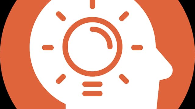 Logo featuring a profile silhouette with a light bulb, symbolizing ideas and education, set against an orange background.