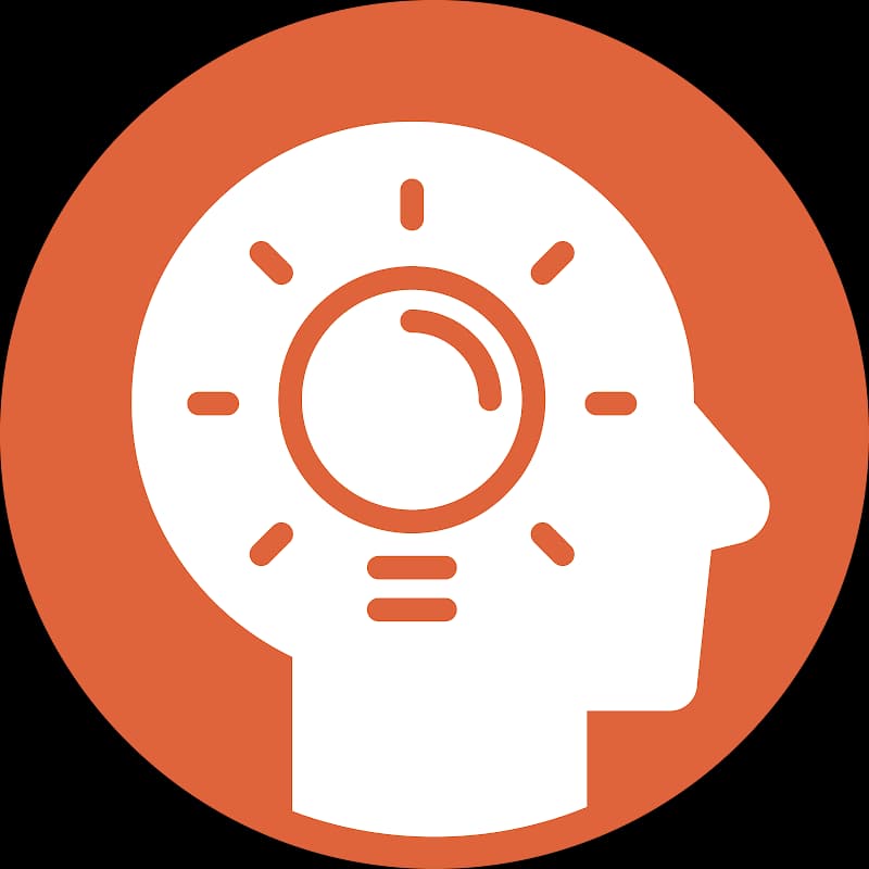 Logo featuring a profile silhouette with a light bulb, symbolizing ideas and education, set against an orange background.