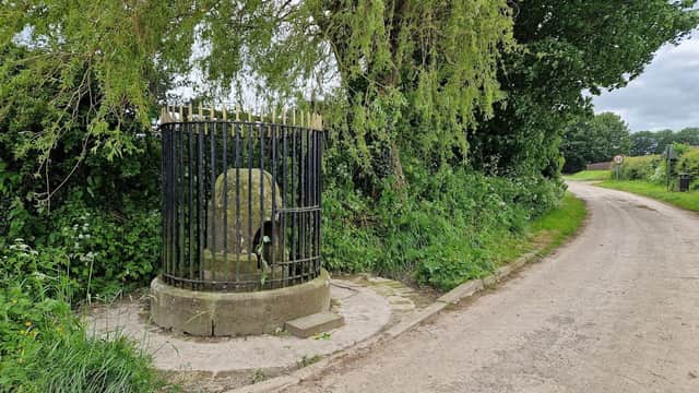 Historic stone well with a black metal railing, surrounded by greenery and a dirt road in Harpham, Yorkshire.