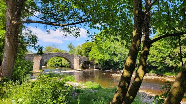 Stone bridge over a river, surrounded by lush greenery and trees under a bright blue sky.