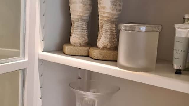 Decorative shelves featuring seahorse sculptures, a glass vase, and bottles of toiletries in a cozy interior setting.