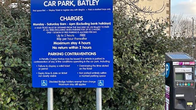 Wards Hill car park sign with parking charges, RingGo details, and payment machine in Batley, Yorkshire.