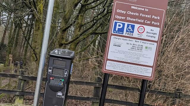 Sign for Upper Shawfield Car Park with payment machine, surrounded by trees in Otley Chevin Forest Park.