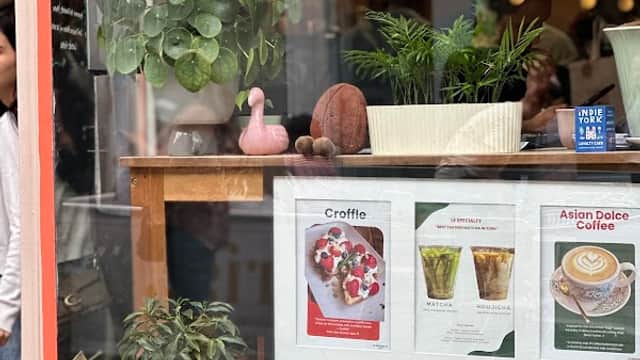A cozy cafe window showcasing plants, colorful menu boards, and a pink flamingo decoration.