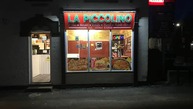 Brightly lit restaurant front with "LA PICCOLINO" sign, showcasing pizza and burger images, and an "OPEN" sign.