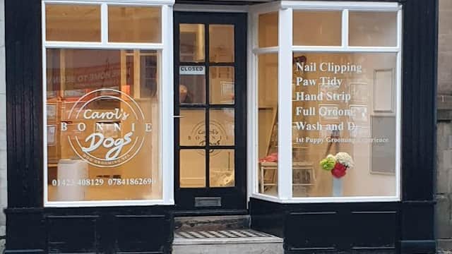 Signage for "Carol's Bonnie Dogs Grooming" with services listed in windows, located in Harrogate, Yorkshire.