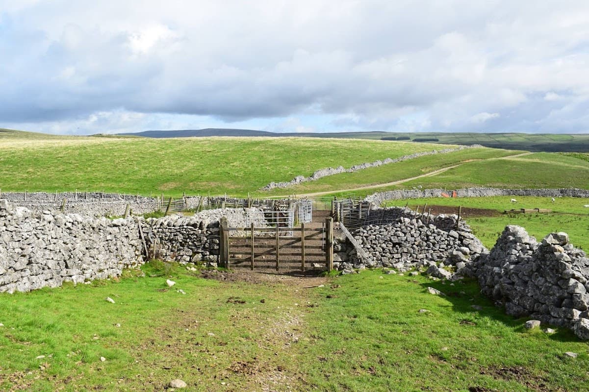 Stone walls and a wooden gate lead into a lush green field under a cloudy sky near Conistone & Kilnsey Village Hall.
