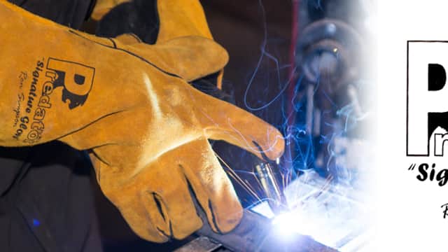Welding gloves with "Predator" branding, sparks flying, alongside the logo and text for "Just 1 Source & Supply".