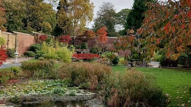 Lush garden with vibrant autumn foliage, a tranquil pond reflecting trees, and stone walls in the background.