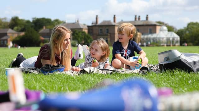 A woman and two children relax on a grassy field, enjoying a sunny day at Preston Park Museum & Grounds.