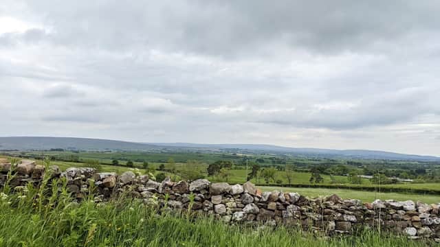 Stone wall in foreground with lush green fields and distant hills under a cloudy sky in Ingleton, Yorkshire.