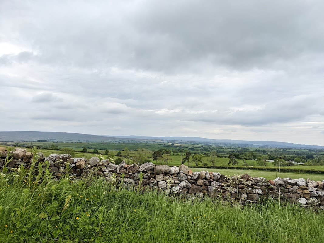 Stone wall in foreground with lush green fields and distant hills under a cloudy sky in Ingleton, Yorkshire.