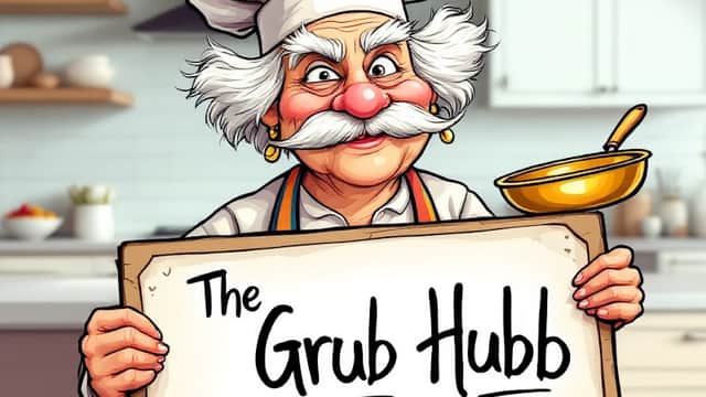 A cheerful chef holds a sign for "The Grub Hub," promoting tasty treats for all ages in a bright kitchen setting.