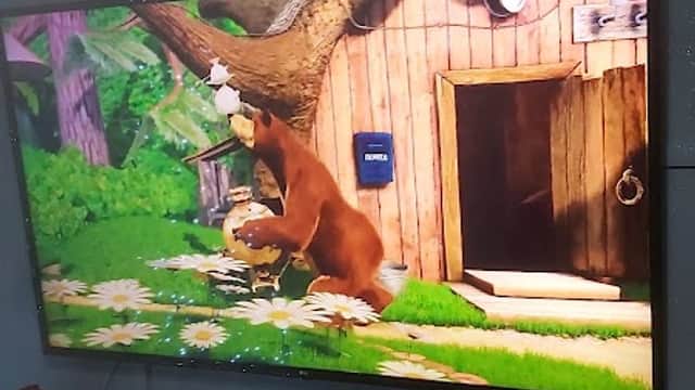 A bear animatedly interacting with a tree and a cabin in a colorful forest setting on a large TV screen.