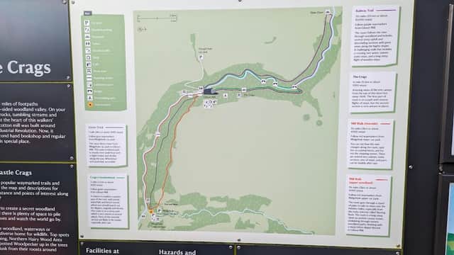 Map of Hardcastle Crags with trails, facilities, and hazards, displayed at the car park in Chiserley, Yorkshire.