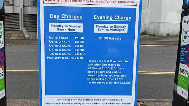 Sign for Sharpe Street Car Park detailing pay and display charges, operating hours, and penalty notice information.