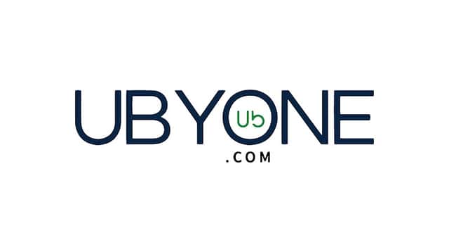 Logo of Ubyone featuring bold lettering in blue and green, with ".com" at the end.