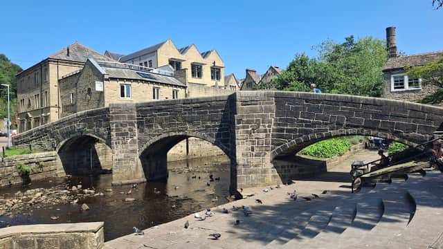 Stone packhorse bridge over a river, surrounded by historic buildings and greenery, with people and pigeons nearby.