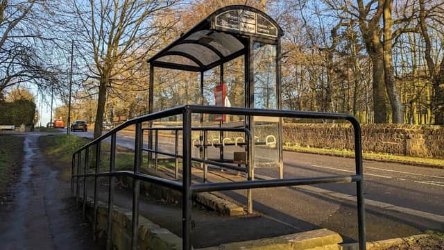 Bus stop shelter with a ramp, surrounded by trees and a stone wall, on a quiet road in Harlow Grange Park.