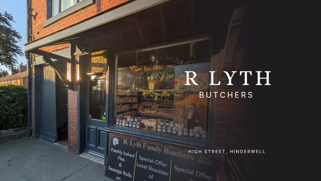 Shopfront of R Lyth Butchers in Hinderwell, featuring a display of meats and local produce.