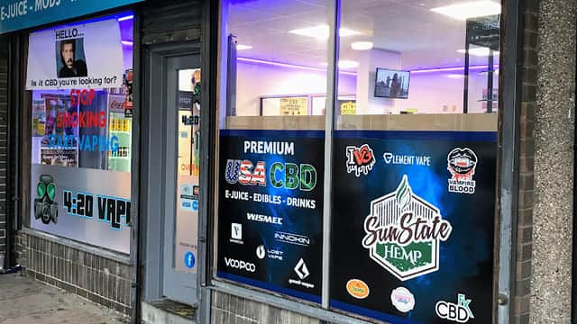 Storefront of 420 Vape Shop featuring e-liquids, vape kits, and CBD products in Dudley Hill, Yorkshire.