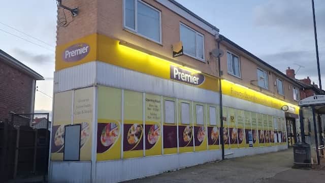 Premier-branded convenience store with large windows displaying food options, located in Maltby, Yorkshire.