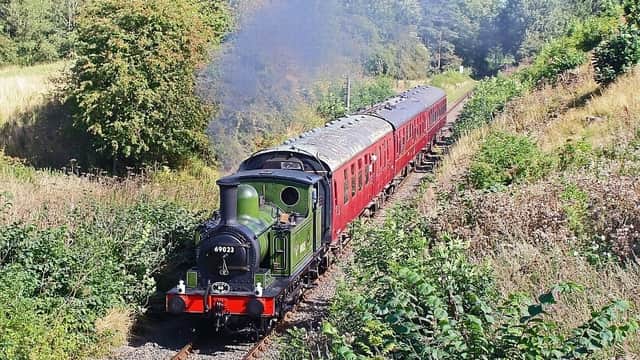 Historic steam train with green engine and red carriages travels through lush countryside surrounded by trees and shrubs.