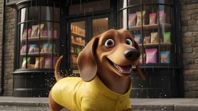 A cheerful dog in a yellow raincoat stands in front of a pet shop, with colorful pet food bags visible in the window.