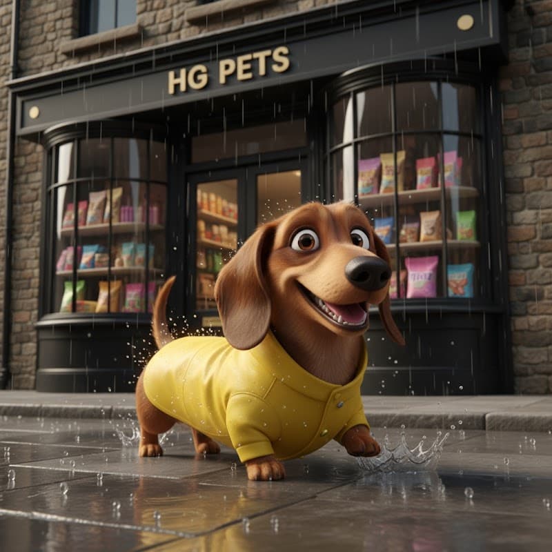 A cheerful dog in a yellow raincoat stands in front of a pet shop, with colorful pet food bags visible in the window.