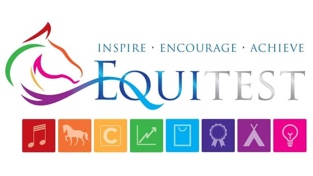 Colorful logo for EquiTest featuring a horse silhouette and icons representing music, education, and achievement.