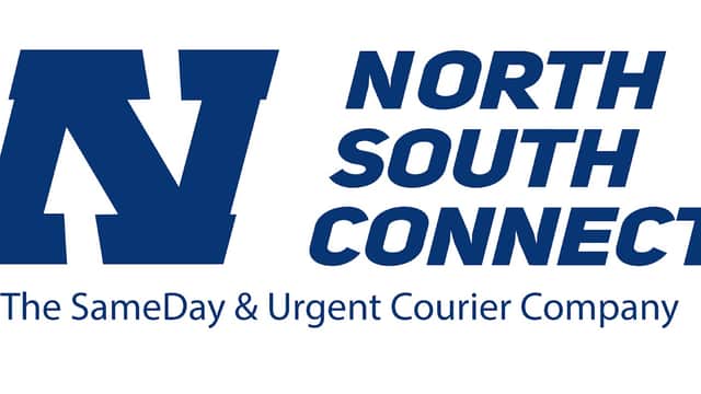 North South Connect Ltd logo featuring bold blue lettering with a stylized 'N' and tagline about courier services.