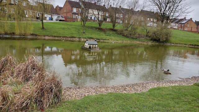 Pond with a small house-shaped structure, ducks, and grassy banks, surrounded by residential buildings in Fridaythorpe.