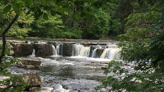 RCP Parking at Aysgarth Falls, featuring flowing water, lush greenery, and rocky riverbanks.
