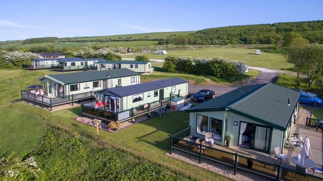 Scenic holiday park with modern lodges, green fields, and trees in Flixton, North Yorkshire. Clear blue sky above.
