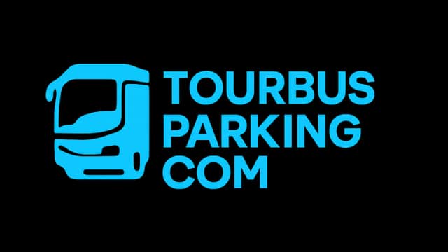 Logo for Tourbusparking.com featuring a bus icon and text in blue on a black background.