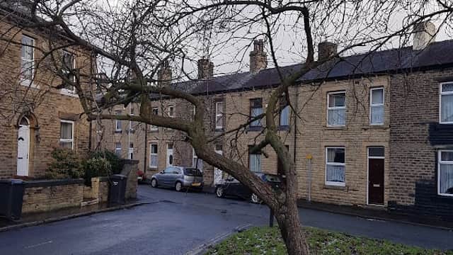 A tree with bare branches leans over a grassy area near stone buildings and parked cars on a rainy street.