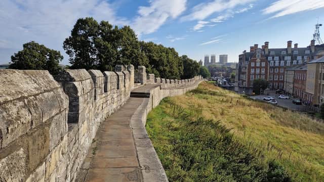 Stone walls of York City Walls with a pathway, lush greenery, and historic buildings under a blue sky.