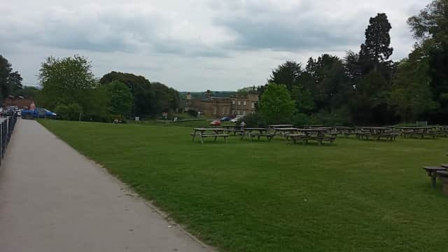 Spacious car park with picnic tables, green grass, trees, and a distant view of a building under a cloudy sky.