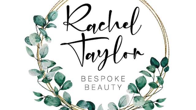 Logo featuring "Rachel Taylor Bespoke Beauty" in elegant script, surrounded by a circular wreath of green leaves.