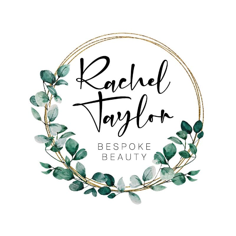 Logo featuring "Rachel Taylor Bespoke Beauty" in elegant script, surrounded by a circular wreath of green leaves.