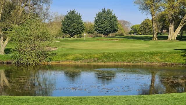 Lush green golf course with a pond, trees, and clear blue sky at Hainsworth Park Golf Club in Brandesburton.