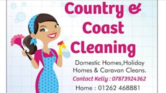 "Logo for Country & Coast Cleaning featuring a cartoon woman with cleaning supplies, contact info, and services listed."