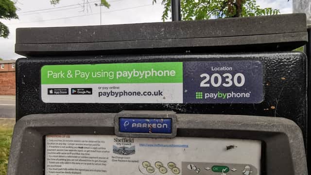 Pay and display parking meter with instructions for using PaybyPhone and location number 2030 in Sheffield.