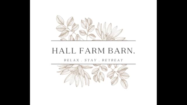 Hall Farm Barn logo featuring elegant leaves and the text "RELAX. STAY. RETREAT." in a minimalist design.
